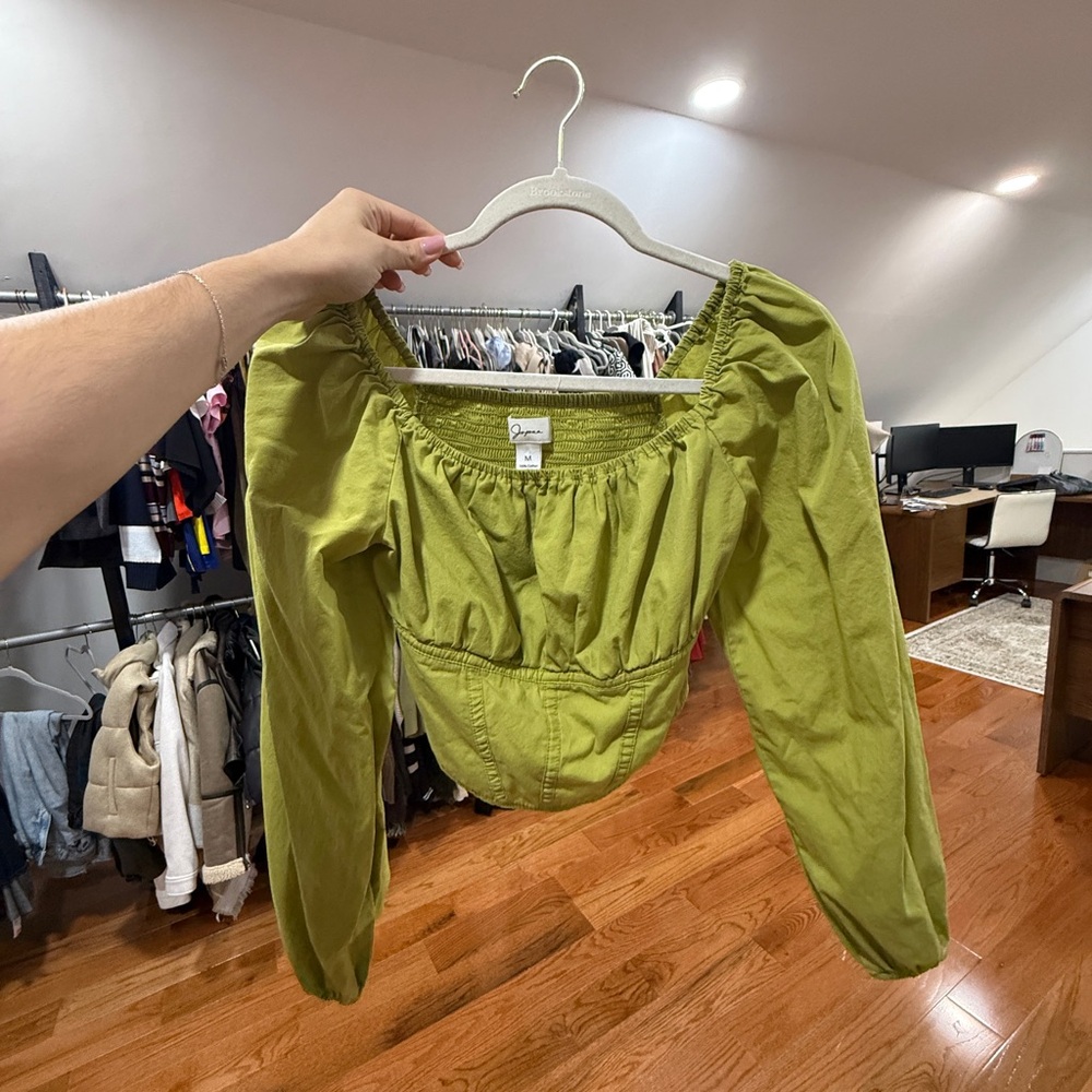 Green Puff-Sleeve Square Neck Top - Unknown Brand